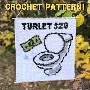 以下が含まれることがあります： トイレ、緑色の紙幣、そして「TURLET $20」という文字が書かれた白い毛糸の壁掛け。