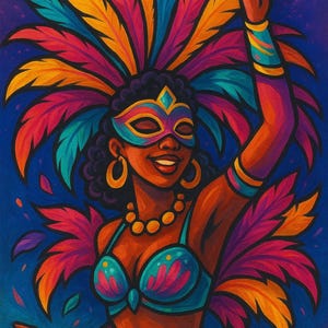 May include: A vibrant illustration of a person in a colorful carnival costume. The person wears a feathered headdress, a jeweled mask, and a matching bra and skirt. The color palette includes shades of blue, orange, pink, and yellow.