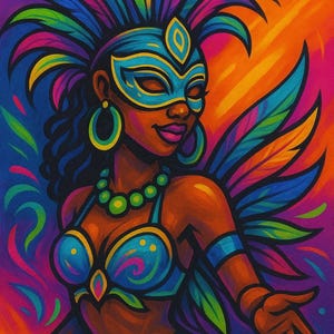 May include: Colorful illustration of a person in a carnival costume. The person wears a blue mask, headdress, and matching bra. The artwork features vibrant colors like blue, orange, pink, and green, creating a festive atmosphere.