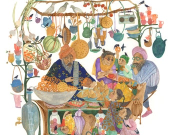 May include: Watercolor illustration of a bustling Indian street food stall. A man in a turban serves fried treats. Customers, including children and a dog, gather around. The stall is decorated with hanging utensils and birds.