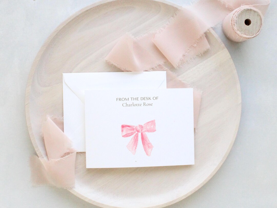 Personalized Pink Coquette Bow Stationery Set | Watercolor Note Cards ...