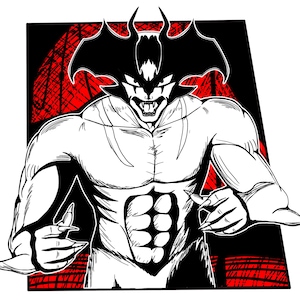 May include: Black and white illustration of a muscular, demonic figure with horns and sharp claws. The figure is set against a red and black background.