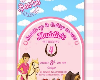 Horse/pony Invitation, horse girl Party, saddle up Party Invitations - girls - Pink Pony Party -Editable Barbie-Inspired Birthday Invite