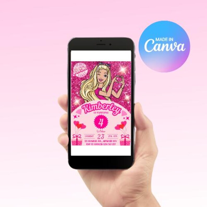 May include: Pink and glitter birthday invitation with a cartoon image of a blonde doll with a pink dress and a pink heart. The invitation says "Kimberley is turning 4" and includes the date "October 23rd".