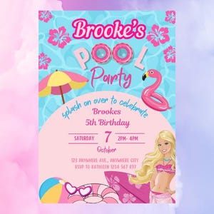 Invito per festa in piscina, festa in piscina, inviti per festa in piscina - Piscina per ragazze - Festa in piscina rosa - Invito di compleanno modificabile ispirato a Barbie