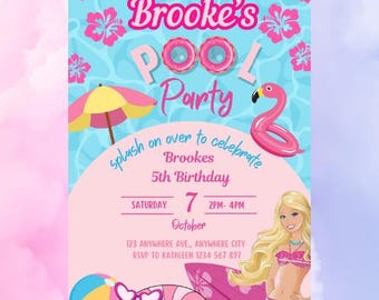 Pool Party Invitation, Swimming Party, Pool Party Invitations - Girl's Pool - Pink Pool Party -Editable Barbie-Inspired Birthday Invite