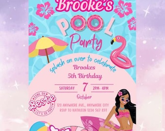 Pool Party Invitation, Swimming Party, Pool Party Invitations - Girl's Pool - Pink Pool Party -Editable Barbie-Inspired Birthday Invite