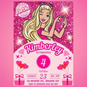 Editable Barbie Girl Party Invitation Fashion Doll Party Invite Girls Birthday Invite Doll Birthday Invitation Pink Barbie Birthday Invite