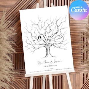 以下が含まれることがあります： 枝に2羽の鳥がとまっている、裸の木の白黒のイラスト。木の下には「Brendan & Lauren 13th March 2023」というテキストがあります。これは、結婚式用のゲストブックの代替品です。