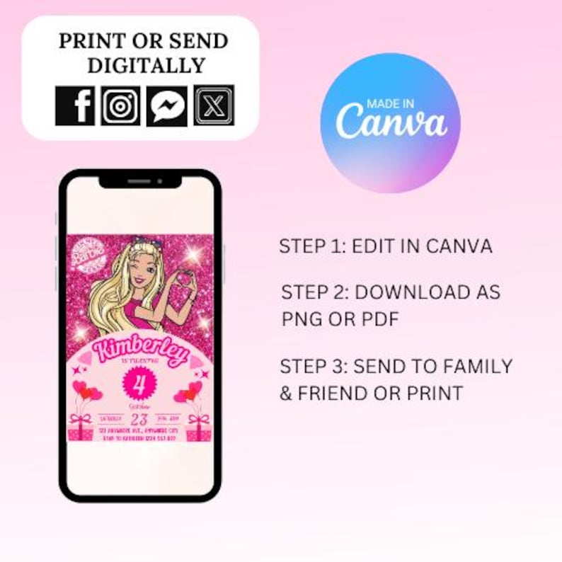 May include: A pink and glitter birthday invitation featuring a cartoon image of a Barbie doll with the text "Kimberley is turning 4" and "23 September 2023". The invitation includes instructions to edit in Canva, download as PNG or PDF, and send to family and friends or print.