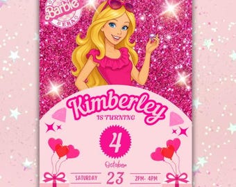Bewerkbare Fashion Doll-uitnodiging voor feest, Barbie Girl-feestje uitnodigen, meisjes verjaardag uitnodigen pop verjaardagsuitnodiging roze Barbie verjaardagsuitnodiging