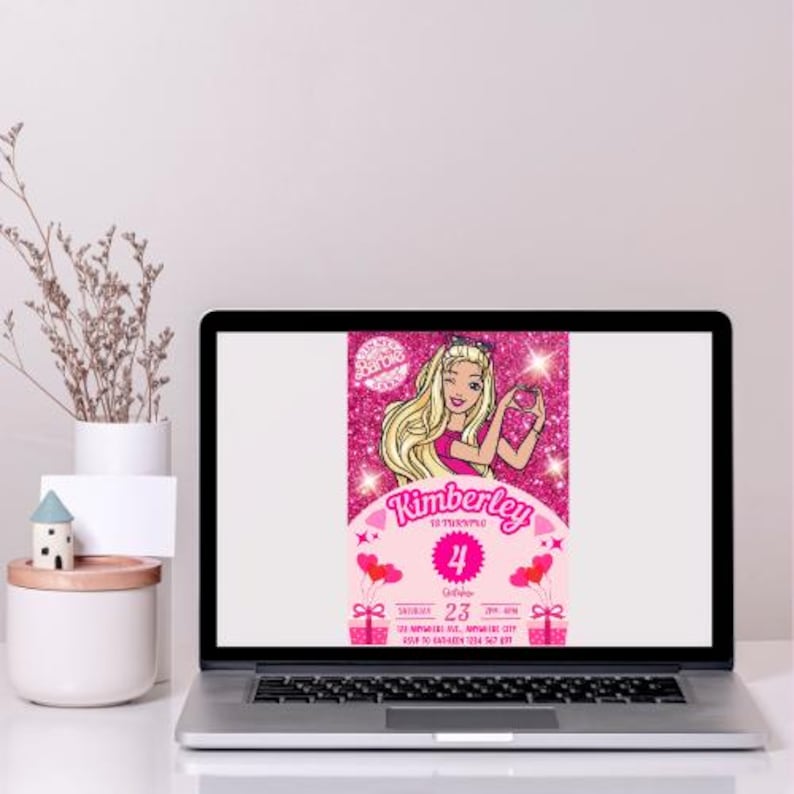 May include: Pink and glitter birthday invitation with a cartoon image of Barbie. The invitation says "Kimberly is turning 4" and includes the date "October 23".