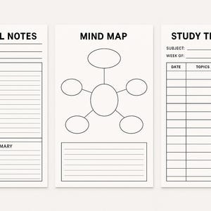 May include: Three white printable study sheets with black text. The sheets are labeled "Cornell Notes", "Mind Map", and "Study Tracker". Each sheet has lines for writing and the "Cornell Notes" sheet includes a section for "Summary".