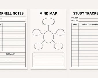 Peut inclure: Trois feuilles d'étude imprimables blanches avec du texte noir. Les feuilles sont intitulées "Cornell Notes", "Mind Map" et "Study Tracker". Chaque feuille comporte des lignes pour l'écriture et la feuille "Cornell Notes" comprend une section "Summary".