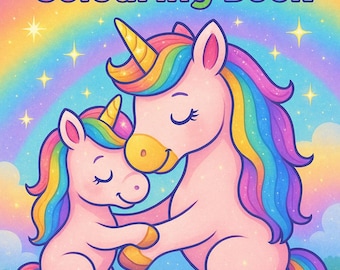 Puede incluir: Portada de libro para colorear infantil con dos unicornios rosas con crines y colas arcoíris. El título "Unicorn Colouring Book" se muestra encima de los unicornios, con el rango de edad "Ages 3-6" en la parte inferior.