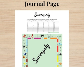 May include: A printable Saveopoly board game with a green background and a red, yellow, and blue game board. The game board has a variety of spaces, including a "Go" space, a "Chance" space, and a "Jail" space. The game is designed to help people save money.