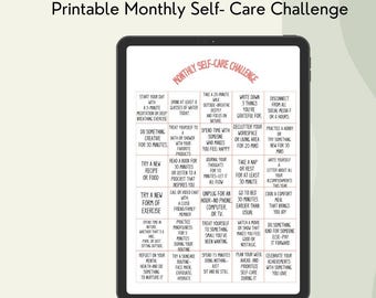 May include: A printable monthly self-care challenge with a grid of 16 squares, each containing a different self-care activity. The activities include things like taking a nap, drinking water, practicing mindfulness, and spending time with loved ones.