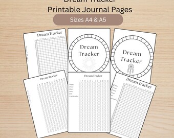 May include: Five printable dream tracker journal pages in black and white. The pages feature different designs, including a grid, a calendar, and a circle with a sunburst design. The text "Dream Tracker" appears on each page.