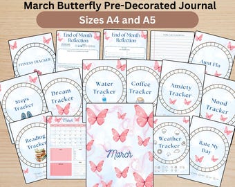 Bundel met maartjournaal | Voorgedecoreerde vlinder | Lenteschrift | Afdrukbaar download- en plannerdecor| 16 dagboekpagina's