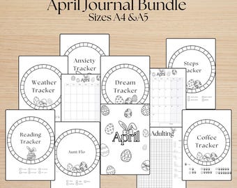 May include: Printable April journal pages with an Easter theme. The pages include trackers for weather, anxiety, steps, dreams, reading, coffee, and a calendar. The pages are designed in black and white with a circle around each tracker title.