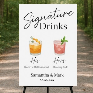 His & Hers Signature Drink Schild: Minimalistische Hochzeit Bar Menükarte (Druckvorlage)