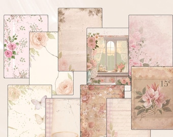 May include: A collection of vintage-style stationery sheets with floral and butterfly designs. The sheets feature soft pink, beige, and cream tones, with roses and other flowers. Some sheets have a torn paper effect, while others include text and a postage stamp.