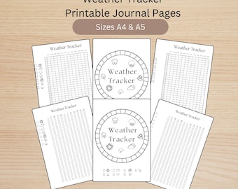 May include: Printable weather tracker journal pages in A4 and A5 sizes. The pages feature a grid for tracking weather conditions and a circle with weather icons for daily logging.