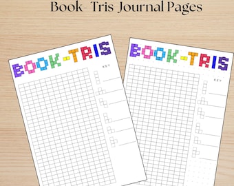 May include: Two printable journal pages with a grid pattern and the text "BOOK-TRIS" in rainbow pixel art. Each page has a key section with blank lines for writing.