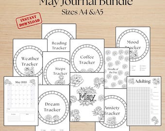 May include: Printable journal pages for the month of May. The pages include trackers for reading, weather, coffee, steps, dreams, anxiety, mood, and a doodle page. There is also a calendar page and an "adulting" page with a grid.