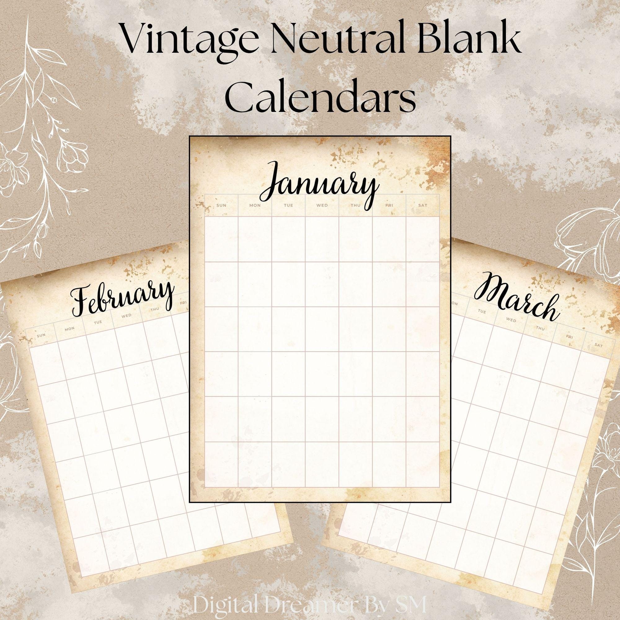 Vintage Neutral Calendar Printable | Undated Monthly Pages | Minimalist ...