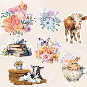 Paquete de recortes primaverales: recortes florales, de animales y de libros; material efímero imprimible para scrapbooking, diarios y manualidades con papel.