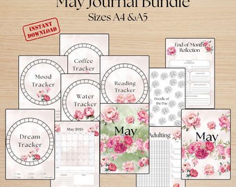 May include: A printable journal bundle for the month of May with floral designs. The bundle includes a calendar, mood tracker, coffee tracker, water tracker, reading tracker, dream tracker, doodle of the day, and end of month reflection pages. The pages are in A4 and A5 sizes.