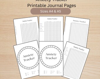 Puede incluir: Páginas de diario imprimibles para el seguimiento de la ansiedad en tamaños A4 y A5. Las páginas presentan diferentes diseños para el seguimiento de los niveles de ansiedad, incluyendo una cuadrícula de calendario, un rastreador de estado de ánimo y un gráfico circular.