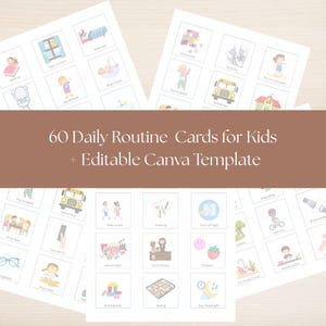 Cartes de routine quotidienne pour enfants | 60 fiches d'horaires visuelles modifiables sur Canva | Suivi des habitudes imprimable pour enfants | Aide visuelle PDF