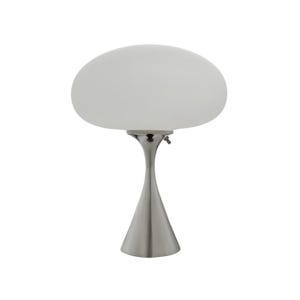 May include: A silver table lamp with a white, rounded glass shade. The lamp has a modern, minimalist design.
