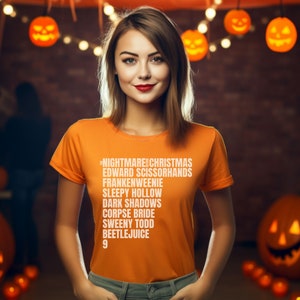 Burton Inspired | Animated Movie White Text List | Halloween Season | Spooky Movie Lover Gift | Super Soft Unisex Bella + Canvas 3001 Tshirt