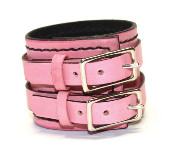 Items similar to Pink Leather Cuff Bracelet Adjustable with Buckles on Etsy