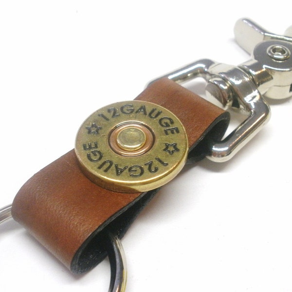 Antiqued Brown Leather Keychain Keyring Keyclip Brass Shotgun Shell