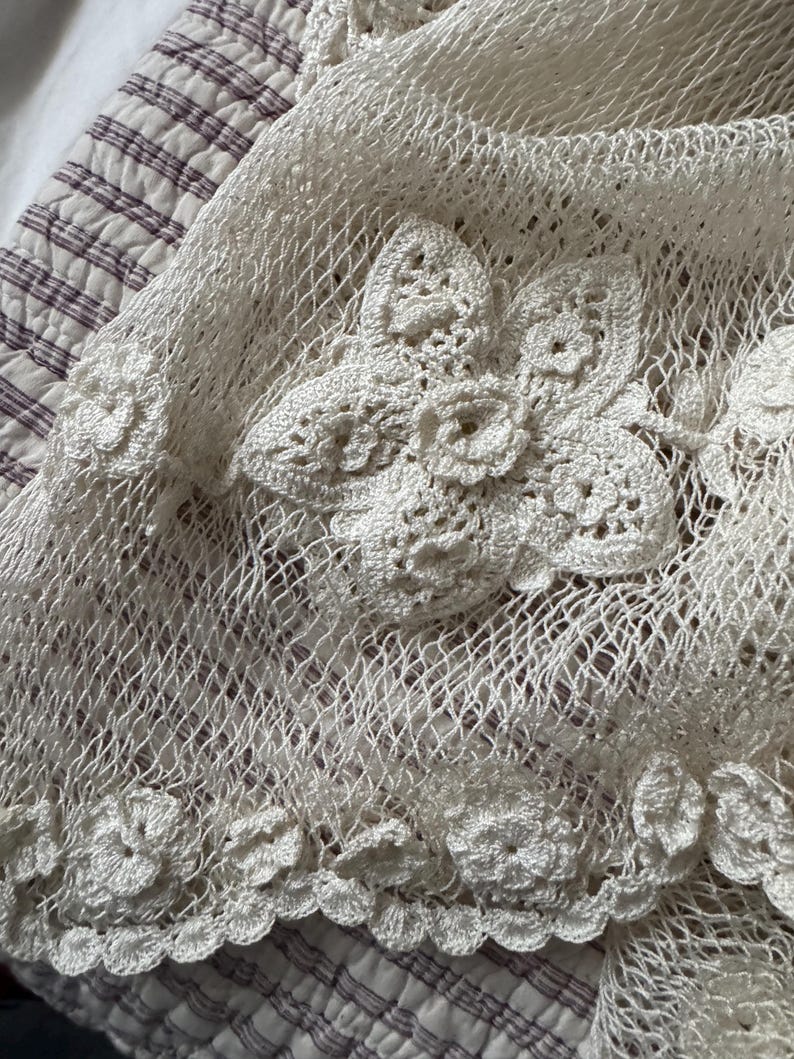 May include: A close-up view of a cream-coloured crocheted textile. The textile has a net-like pattern with large, three-dimensional floral embellishments. The flowers are intricately detailed, adding texture. The edges are also adorned with smaller floral accents.