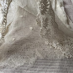 May include: Close-up of a cream-coloured, open-weave fabric with delicate floral lace trim. The fabric has a subtle texture and small, scattered floral embellishments. The lace trim features intricate floral patterns, adding a touch of elegance.
