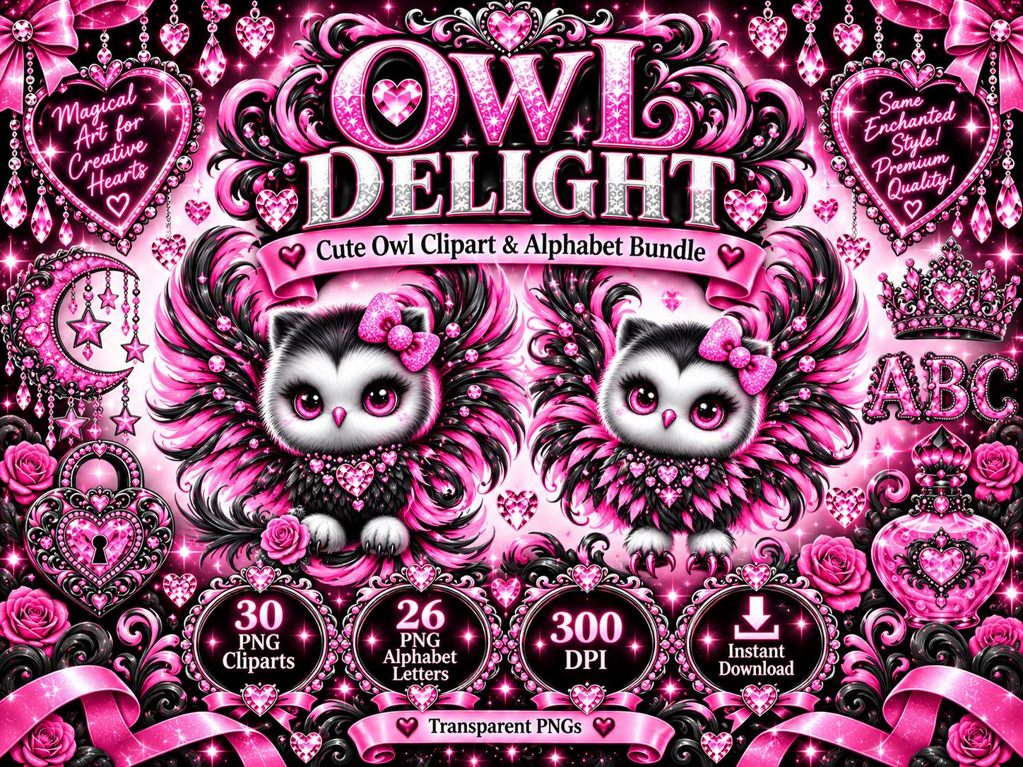 Owl Delight Clipart Bundle, 30 PNG Designs and 26 Alphabet Letters, Pink & Black Glitter Owls, D