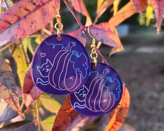 Pendientes colgantes de acrílico con diseño de gato y calabaza - Joyería de otoño