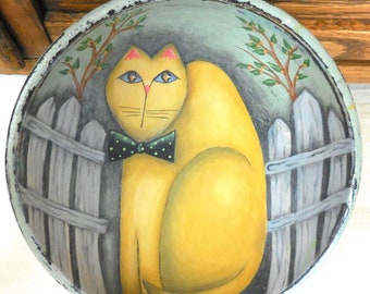 Cat Hand Painted Bowl, Tom Cat & Picket Fence Design, Decorative Kitchen Decor