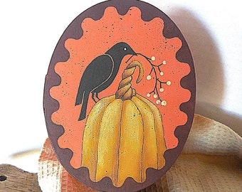 Pumpkin And Crow Painted on Small Chipwood Oval Box , Farmhouse Style Fall Bentwood Storage or Gift Box to Add To Your Rustic Autumn Home