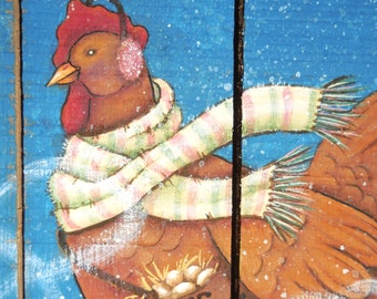 Hand Painted Sign Featuring Chicken Delivering Mail In Snowstorm