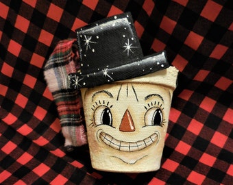 Retro Snowman Decoration | Peat Pot Snowman Container | Vintage Style Snowman