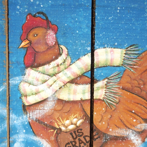 Hand Painted Sign Featuring Chicken Delivering Mail In Snowstorm