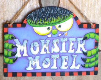 Halloween Monster Motel Sign | Hand Painted Whimsical Monster Wall Decor | Cute Monster Plaque