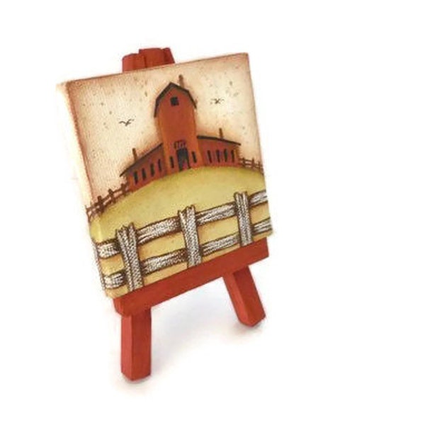 Primitive Red Barn Painting | Prim Barn Painting on Mini Canvas | Canvas Painting On Easel