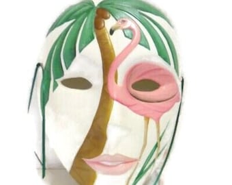 Ceramic Pink Flamingo Wall Mask | Tole Painted Ceramic Wall Decor | Ceramic Mask With Pink Flamingo and Palm Tree